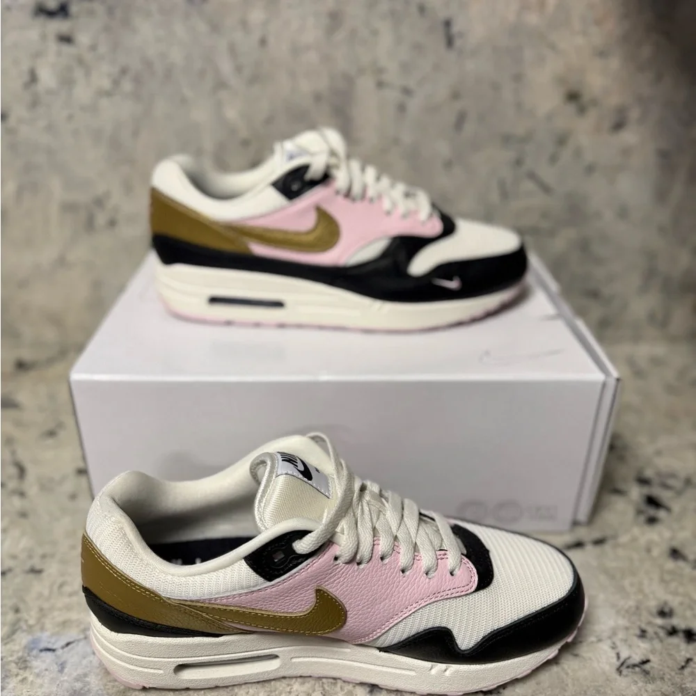 Custom Nike Air Max 1 Women's Sneakers in Pink, Black, and Gold - Picture 2 of 7